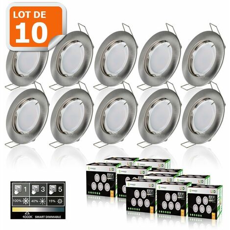 10 SPOTS LED DIMMABLE SANS VARIATEUR 7W eq.56w BLANC NEUTRE FINITION ALU BROSSE