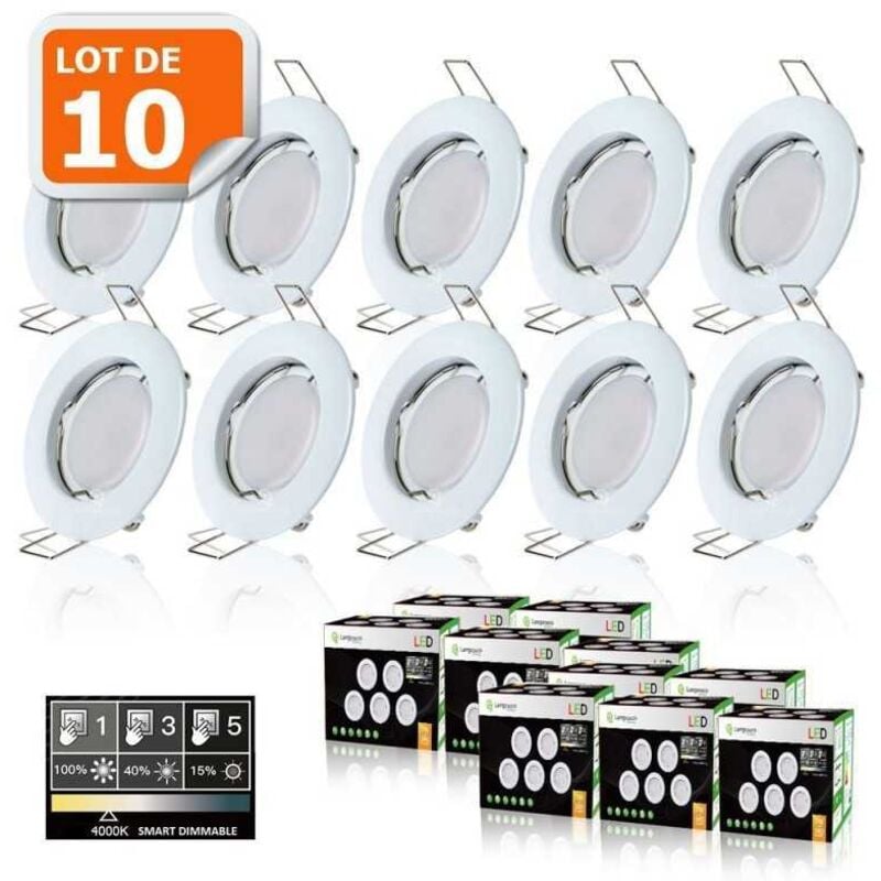 10 Spots led 3-step dimmable sans variateur 7w eq.56w blanc neutre finition blanc