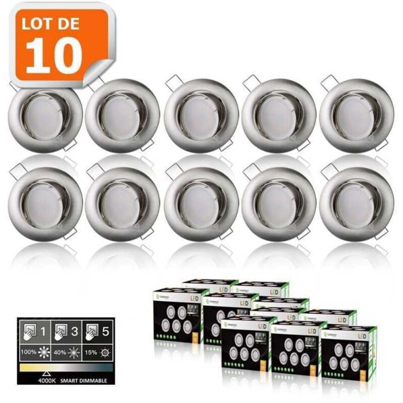 10 Spots led 3-step dimmable sans variateur 7w eq.56w blanc neutre orientable finition alu brossé