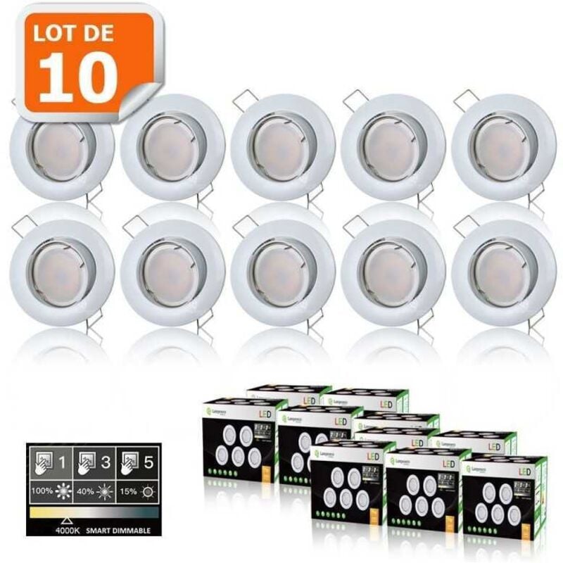 10 Spots led 3-step dimmable sans variateur 7w eq.56w blanc neutre orientable finition blanc