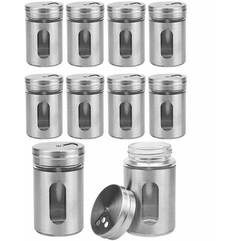 10 Stück Edelstahl Gewürzstreuer Vorratsdosen Gewürzdosen mit Sichtfenster und 3-fach Streukontrolle für Gewürze Kräuter – Silber, Set von Dontodent | 09353631384607