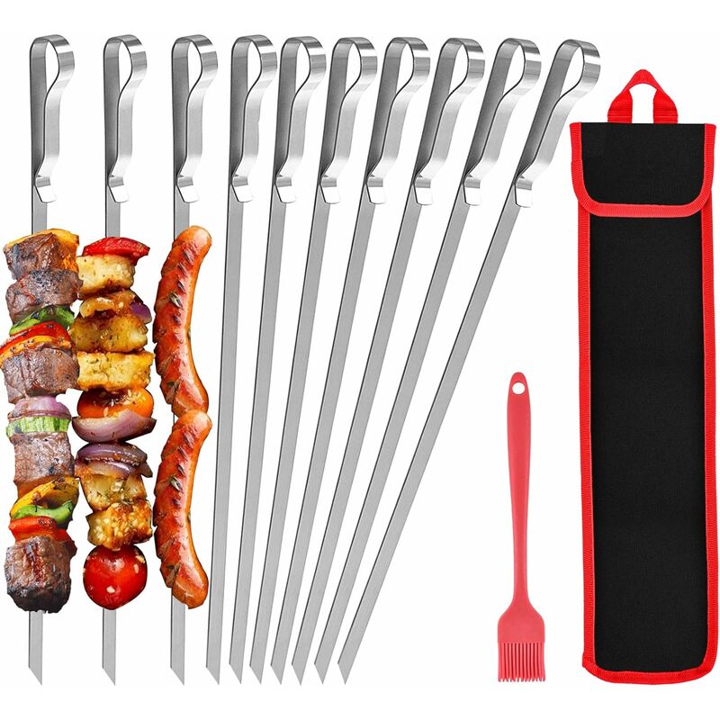 10 Stück Spieße, 43 cm, Grillspieße gegen Rost, Spülmaschinengeeignet, Stoffbeutel und Silikonölpinsel liegen bei, für Grillpartys | 08300021018261