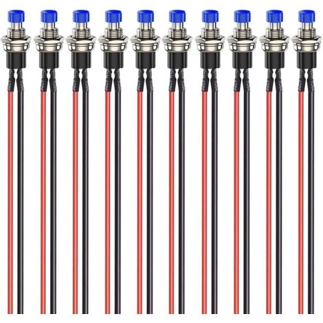 10 Stück 7 mm 3V-6V-12V-24V-230V / 1A vorverdrahtete Mini-Momentan-Drucktaster, SPST-Normalerweise Öffner EIN/AUS 2-poliger Rundtaster für Hobby-Modelleisenbahnen, blau