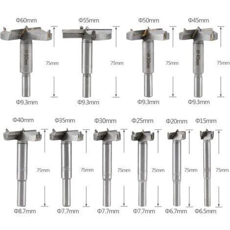 10 Stück Holzbohrer 15–60 mm, Hartmetall-Holzfräser, Holzbohrer, Formfräser, Holzbohrer, Holzbohrer 15 mm, 20 mm, 25 mm, 30 mm, 35 mm, 40 mm, 45 mm, 50 mm, 55 mm, 60 mm