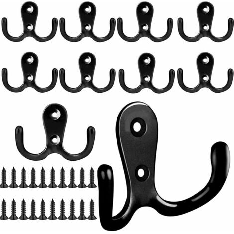 10 Stück schwarze Kleiderhaken, doppelte Metallkleiderhaken mit Schrauben, Ba