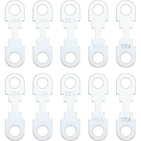 10 Stück silberfarbene Flachsicherungsleisten aus Zinklegierung, Ersatzsicherungsleisten für 32 V Gleichstrom, kompatibel mit Opel und VW (40 A, 50 A, 60 A, 80 A, 110 A, je 2 Stück)