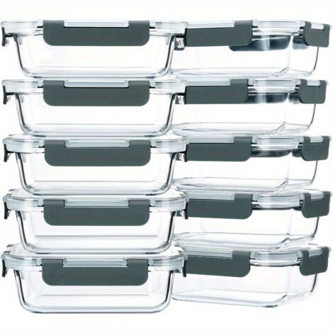 10 Stücke Glas Lebensmittelbehälter,Vorratsdosenset,uftdichte ,auslaufsichere,BPA-frei,Kann in Mikrowelle erhitzt werden, Lunchboxen,Meal Boxen, Grau.