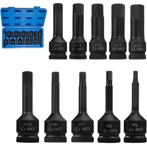 10-teiliger Steckschlüsselsatz mit 1/2"-Antrieb für Steckschlüssel und Sechskantmuttern – inklusive Innensechskantschlüsselsatz – 5 mm + 6 mm + 7 mm + 8 mm + 10 mm + 12 mm + 14 mm + 16 mm + 17 mm + 19