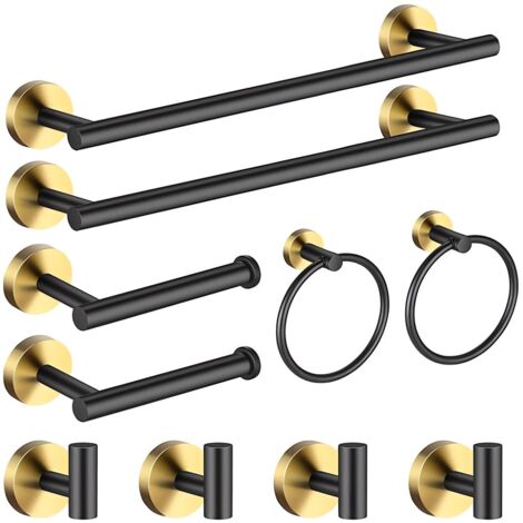 10-teiliges Badezimmer-Accessoires-Set: 2 Handtuchhalter, 2 Toilettenpapierhalter, 2 Handtuchringe, 4 Haken, Edelstahl, Schraubbefestigung (Schwarz und Gold)