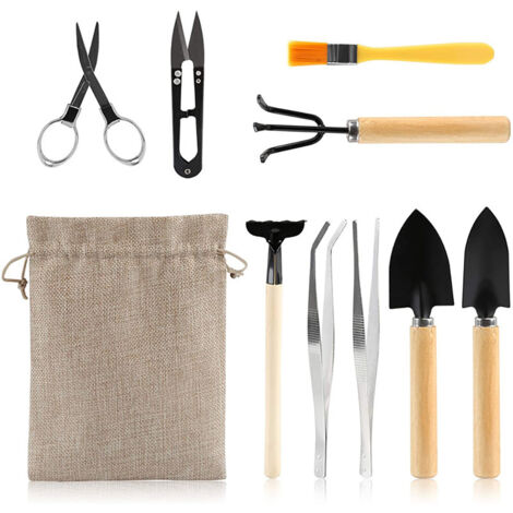 10-teiliges Bonsai-Gartenwerkzeug-Set für Sukkulenten mit Schaufeln, Rechen, Gabel, Schere und Reinigungsbürste