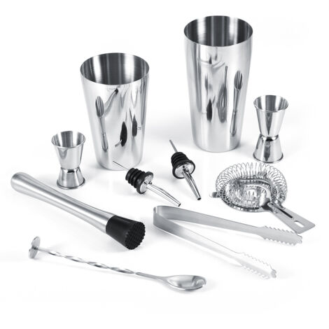 10-teiliges Cocktail-Shaker-Set aus Edelstahl, inklusive Rührlöffel und Eiszange für die Bar
