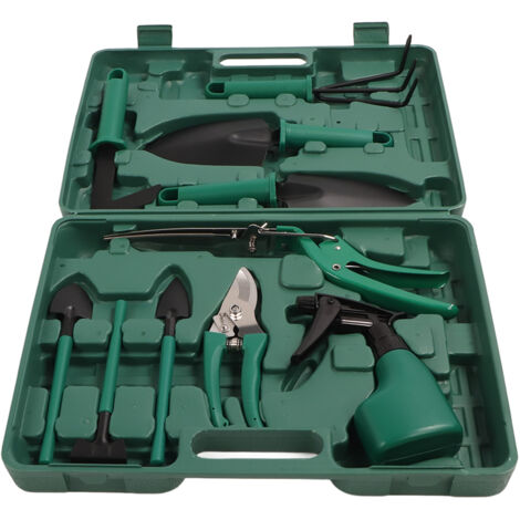 10-teiliges ergonomisches Gartenwerkzeug-Set aus Metall mit Kunststoffgriffen und Koffer für die Gartenarbeit im Freien