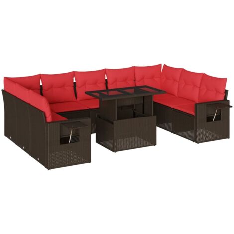 10-teiliges Gartensofa-Set mit Kissen, braun, Polyrattan vidaXL