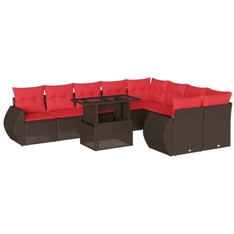 10-teiliges Gartensofa-Set mit Kissen, braun, Polyrattan vidaXL