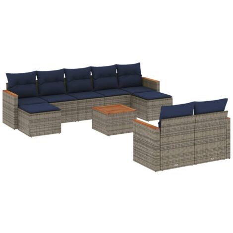 10-teiliges Gartensofa-Set mit Kissen, grau, Polyrattan vidaXL