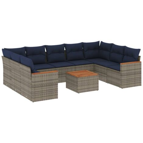 10-teiliges Gartensofa-Set mit Kissen, grau, Polyrattan vidaXL