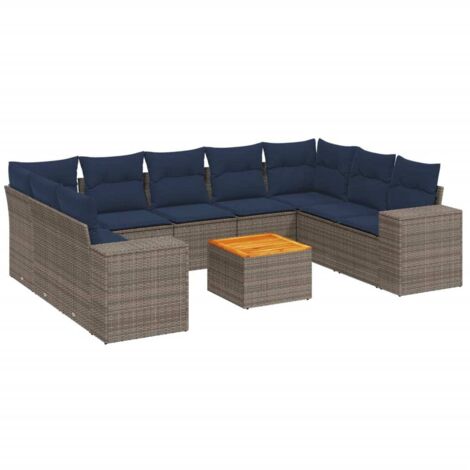 10-teiliges Gartensofa-Set mit Kissen, grau, Polyrattan vidaXL