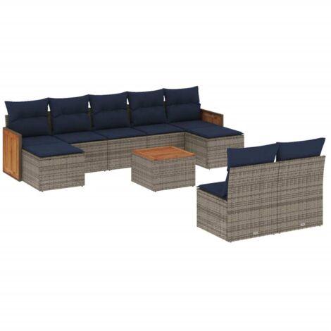 10-teiliges Gartensofa-Set mit Kissen, grau, Polyrattan vidaXL