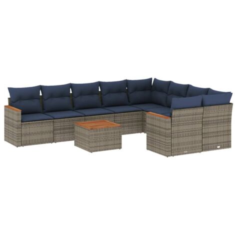 10-teiliges Gartensofa-Set mit Kissen, grau, Polyrattan vidaXL