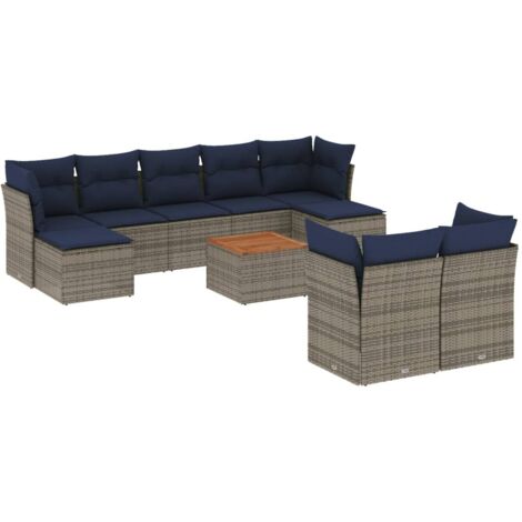 10-teiliges Gartensofa-Set mit Kissen, grau, Polyrattan vidaXL