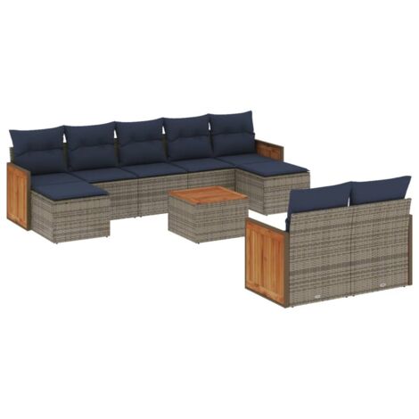 10-teiliges Gartensofa-Set mit Kissen, grau, Polyrattan vidaXL