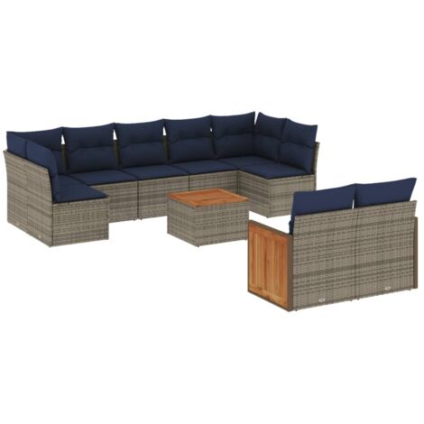 10-teiliges Gartensofa-Set mit Kissen, grau, Polyrattan vidaXL
