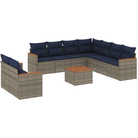 10-teiliges Gartensofa-Set mit Kissen, grau, Polyrattan vidaXL