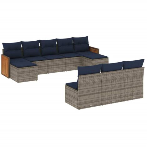 10-teiliges Gartensofa-Set mit Kissen, grau, Polyrattan vidaXL