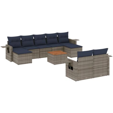 10-teiliges Gartensofa-Set mit Kissen, grau, Polyrattan vidaXL
