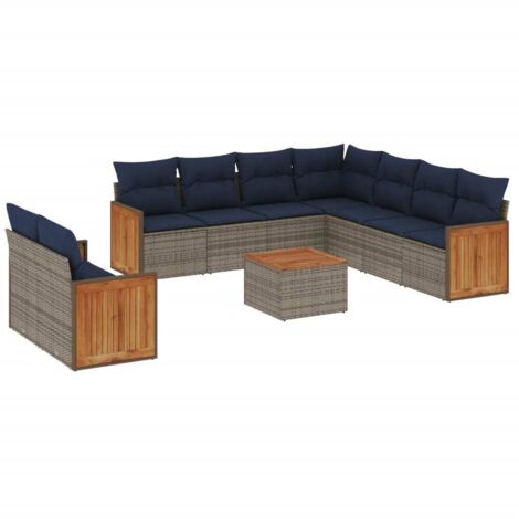 10-teiliges Gartensofa-Set mit Kissen, grau, Polyrattan vidaXL