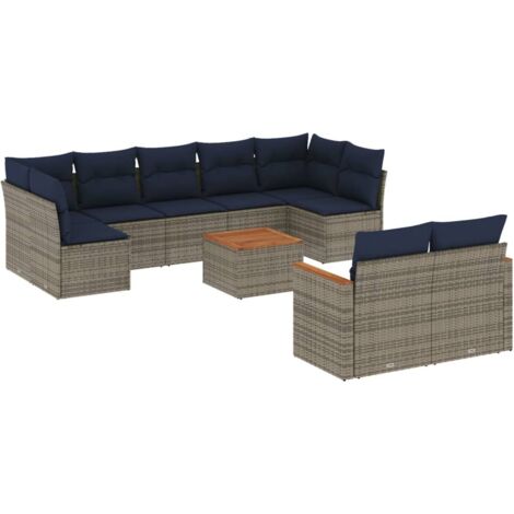 10-teiliges Gartensofa-Set mit Kissen, grau, Polyrattan vidaXL