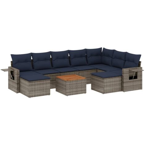 10-teiliges Gartensofa-Set mit Kissen, grau, Polyrattan vidaXL