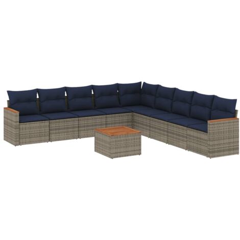 10-teiliges Gartensofa-Set mit Kissen, grau, Polyrattan vidaXL