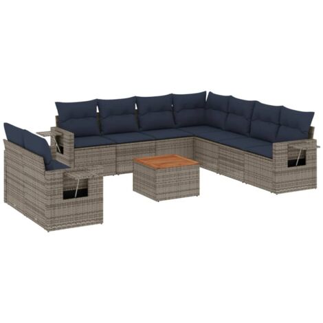 10-teiliges Gartensofa-Set mit Kissen, grau, Polyrattan vidaXL
