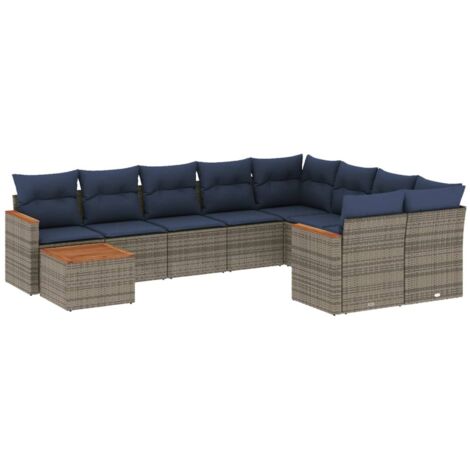 10-teiliges Gartensofa-Set mit Kissen, grau, Polyrattan vidaXL