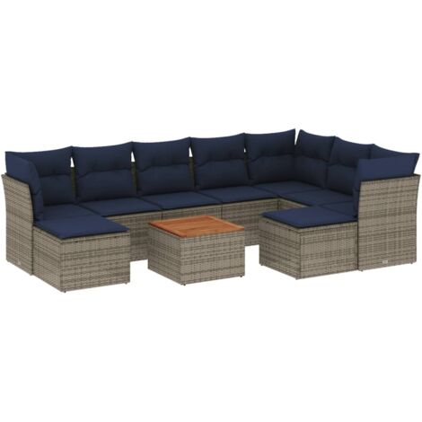 10-teiliges Gartensofa-Set mit Kissen, grau, Polyrattan vidaXL