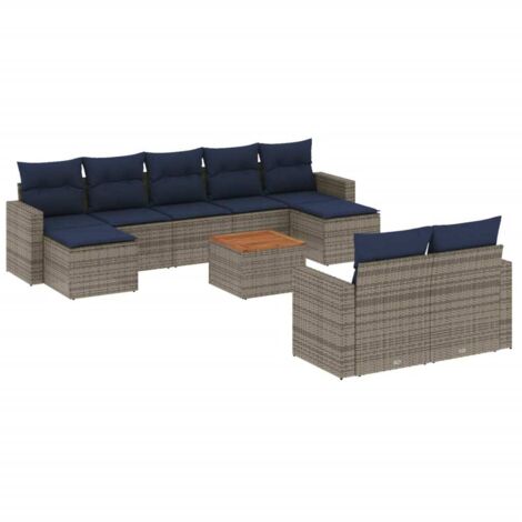 10-teiliges Gartensofa-Set mit Kissen, grau, Polyrattan vidaXL
