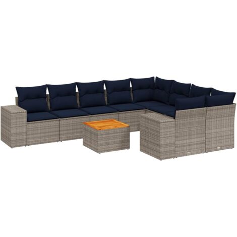 10-teiliges Gartensofa-Set mit Kissen, grau, Polyrattan vidaXL