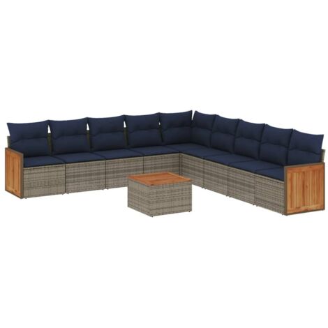 10-teiliges Gartensofa-Set mit Kissen, grau, Polyrattan vidaXL