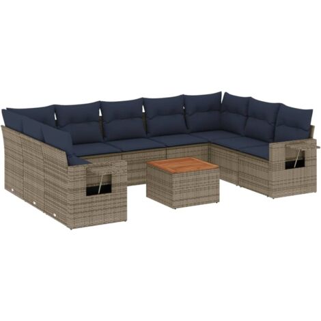 10-teiliges Gartensofa-Set mit Kissen, grau, Polyrattan vidaXL