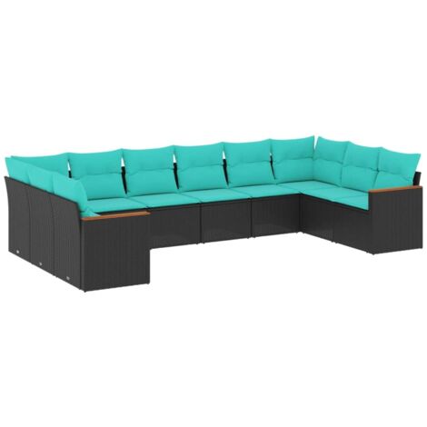 10-teiliges Gartensofa-Set mit Kissen, schwarzes Polyrattan vidaXL