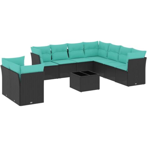 10-teiliges Gartensofa-Set mit Kissen, schwarzes Polyrattan vidaXL