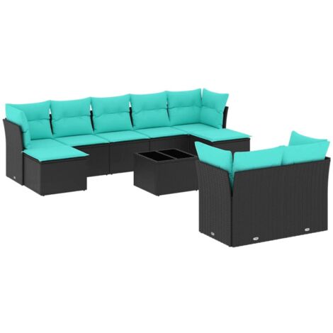 10-teiliges Gartensofa-Set mit Kissen, schwarzes Polyrattan vidaXL