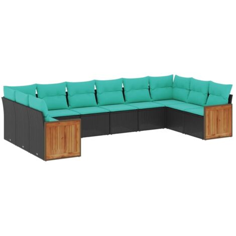 10-teiliges Gartensofa-Set mit Kissen, schwarzes Polyrattan vidaXL