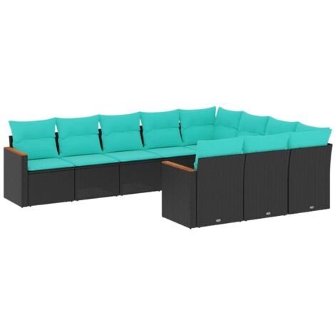 10-teiliges Gartensofa-Set mit Kissen, schwarzes Polyrattan vidaXL
