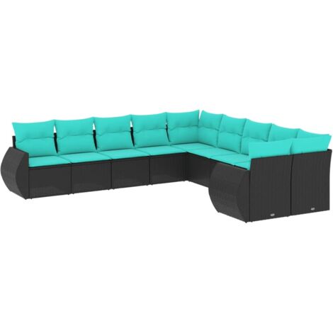 10-teiliges Gartensofa-Set mit Kissen, schwarzes Polyrattan vidaXL