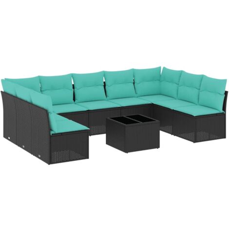 10-teiliges Gartensofa-Set mit Kissen, schwarzes Polyrattan vidaXL