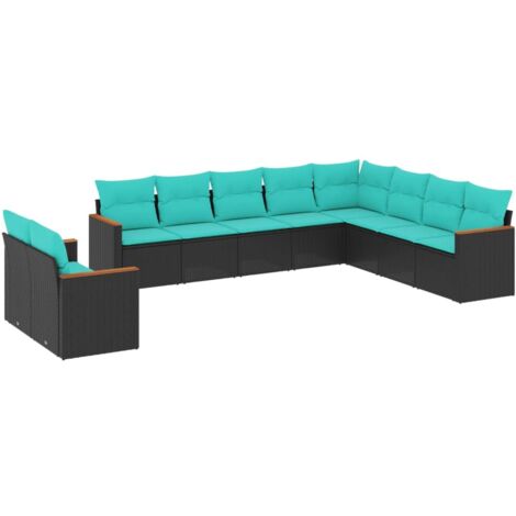 10-teiliges Gartensofa-Set mit Kissen, schwarzes Polyrattan vidaXL