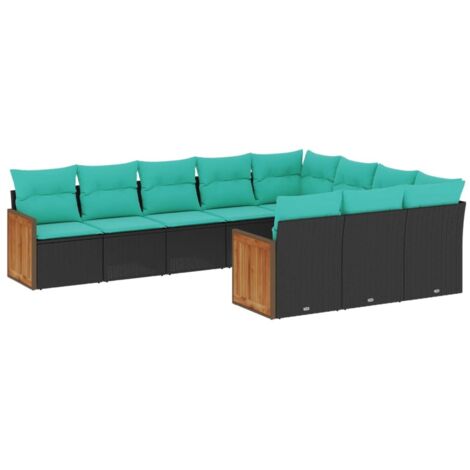 10-teiliges Gartensofa-Set mit Kissen, schwarzes Polyrattan vidaXL