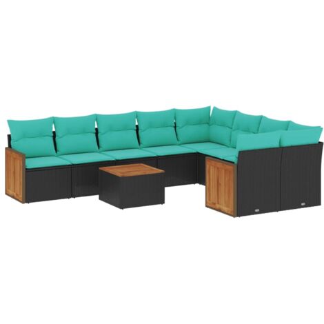 10-teiliges Gartensofa-Set mit Kissen, schwarzes Polyrattan vidaXL